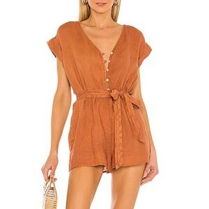 Bella Dahl 100% Linen Cap Sleeve Romper Rich Sienna XS | Button Front One-Piece